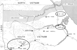 A map of the Demilitarized Zone between North and South Vietnam depicting areas where 1st Lieutenant Dave Hanson was assigned, including Gio Linh, Lang Vei, Khe Sanh, and Dong Ha.