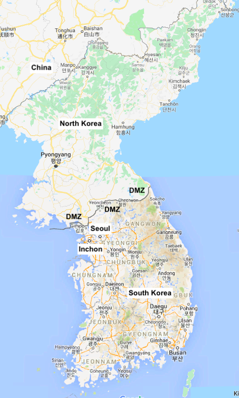Map of North and South Korea with DMZ at the border