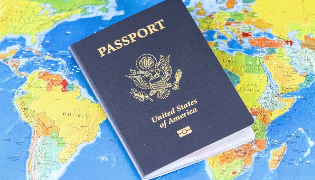Image of U.S. passport on a map of the world