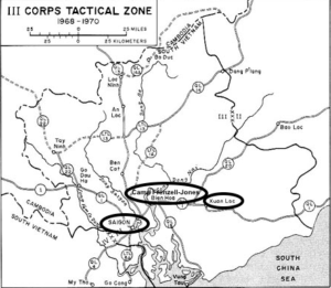 South Vietnam III Corps Area of Responsibility with Jack Murphy's locations circled. Basic map source: U.S. Army