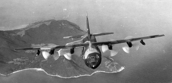 John Heimburger flying a C-130 over Okinawa