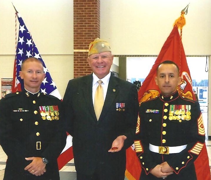 Lt. Col. John Heimburger and 2 Marines at a local high school ceremony