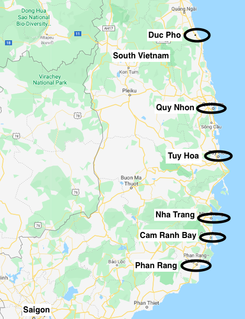 Map showing locations relevant to Billy's tour in Vietnam