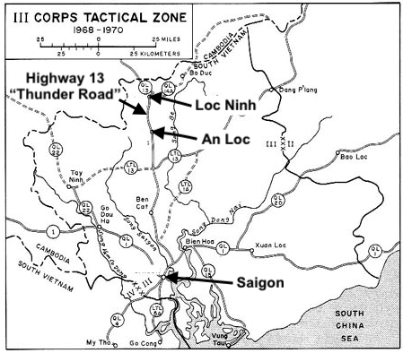 III Corps Tactical Area Map Highlighting Saigon, An Loc, Loc Ninh, and Thunder Road
