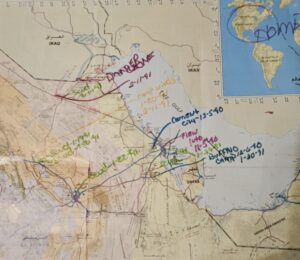 Map showing Kuwait and Saudi Arabia with hand-written notations indicating the location of Scud attacks