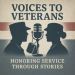 Voices To Veterans Voices to Veterans logo that includes the silhouettes of a male and a female servicemember each facing a microphone centered in the image